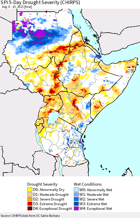 Eastern Africa SPI 5-Day Drought Severity (CHIRPS) Thematic Map For 8/6/2023 - 8/10/2023