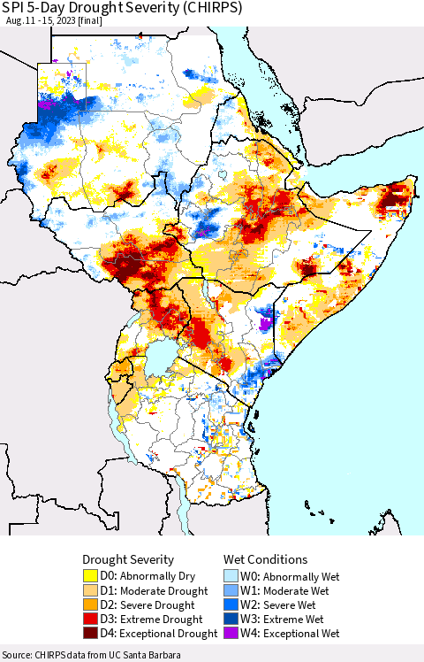 Eastern Africa SPI 5-Day Drought Severity (CHIRPS) Thematic Map For 8/11/2023 - 8/15/2023