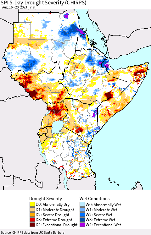 Eastern Africa SPI 5-Day Drought Severity (CHIRPS) Thematic Map For 8/16/2023 - 8/20/2023