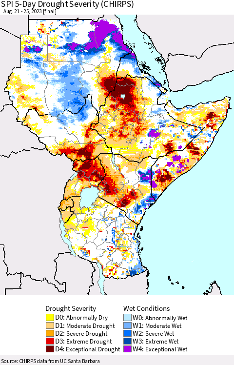 Eastern Africa SPI 5-Day Drought Severity (CHIRPS) Thematic Map For 8/21/2023 - 8/25/2023