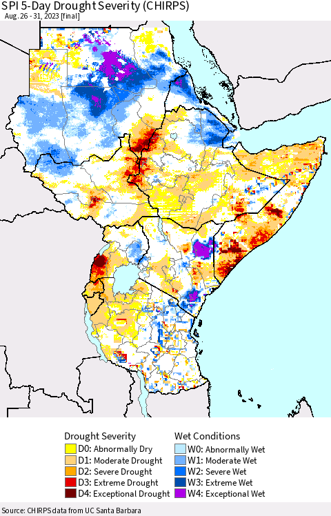 Eastern Africa SPI 5-Day Drought Severity (CHIRPS) Thematic Map For 8/26/2023 - 8/31/2023