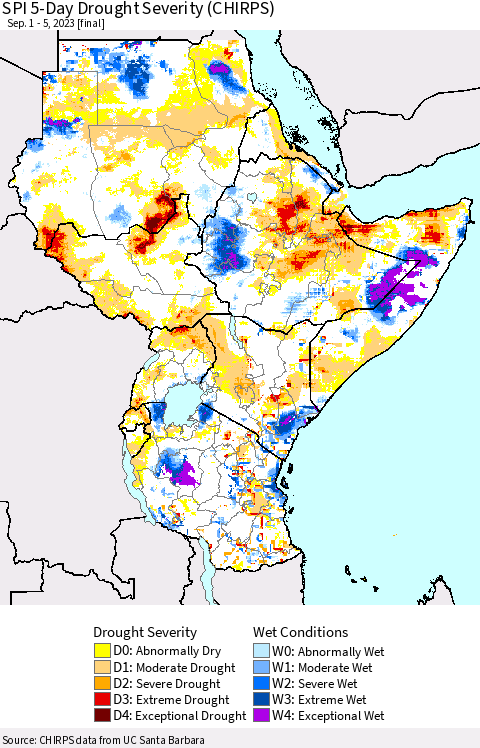 Eastern Africa SPI 5-Day Drought Severity (CHIRPS) Thematic Map For 9/1/2023 - 9/5/2023