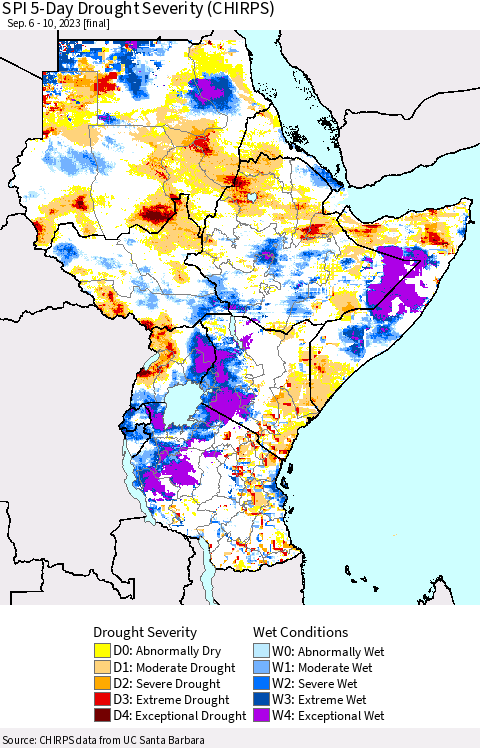 Eastern Africa SPI 5-Day Drought Severity (CHIRPS) Thematic Map For 9/6/2023 - 9/10/2023