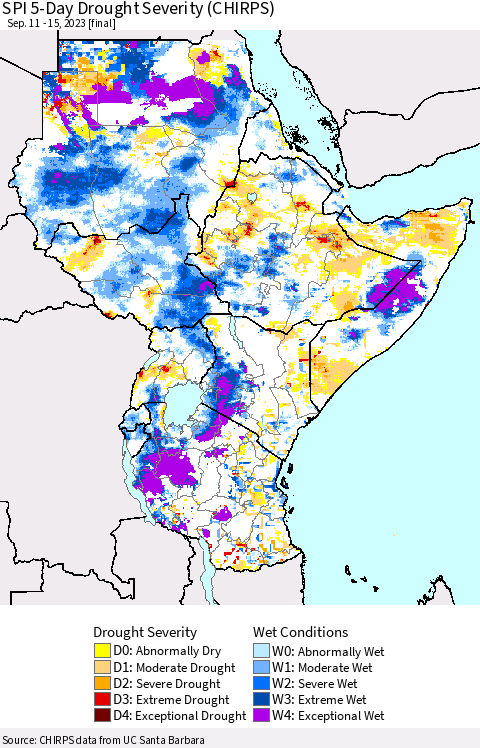 Eastern Africa SPI 5-Day Drought Severity (CHIRPS) Thematic Map For 9/11/2023 - 9/15/2023