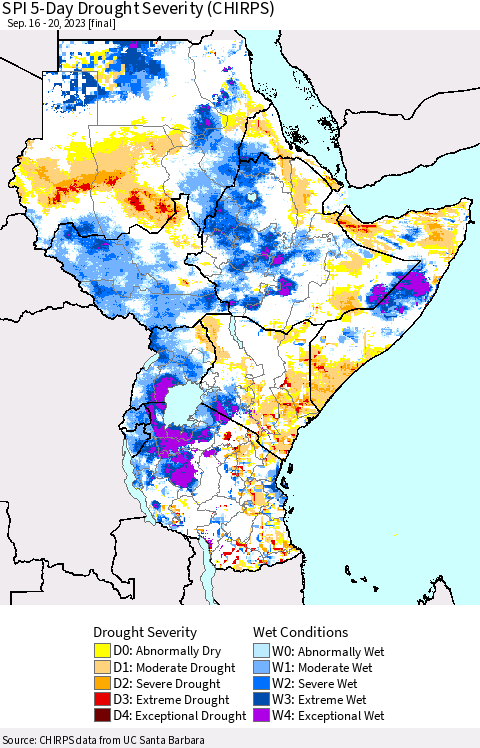 Eastern Africa SPI 5-Day Drought Severity (CHIRPS) Thematic Map For 9/16/2023 - 9/20/2023