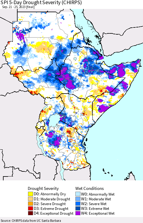 Eastern Africa SPI 5-Day Drought Severity (CHIRPS) Thematic Map For 9/21/2023 - 9/25/2023