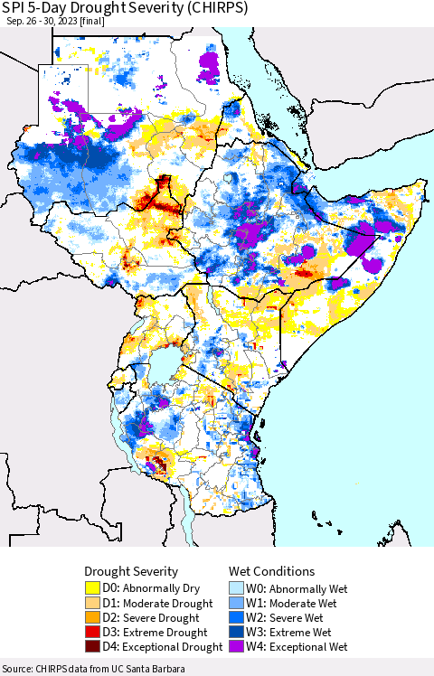 Eastern Africa SPI 5-Day Drought Severity (CHIRPS) Thematic Map For 9/26/2023 - 9/30/2023