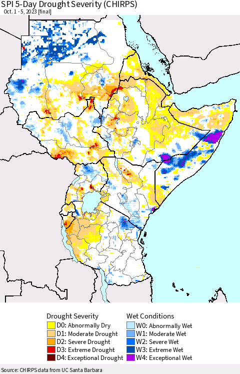 Eastern Africa SPI 5-Day Drought Severity (CHIRPS) Thematic Map For 10/1/2023 - 10/5/2023