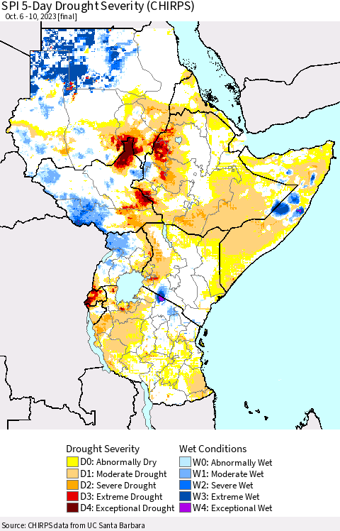 Eastern Africa SPI 5-Day Drought Severity (CHIRPS) Thematic Map For 10/6/2023 - 10/10/2023