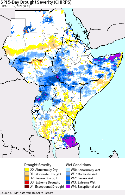 Eastern Africa SPI 5-Day Drought Severity (CHIRPS) Thematic Map For 10/11/2023 - 10/15/2023