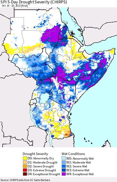 Eastern Africa SPI 5-Day Drought Severity (CHIRPS) Thematic Map For 10/16/2023 - 10/20/2023