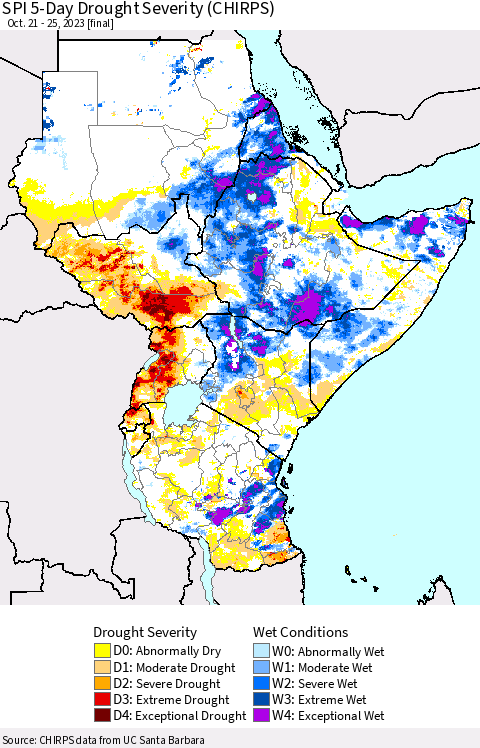 Eastern Africa SPI 5-Day Drought Severity (CHIRPS) Thematic Map For 10/21/2023 - 10/25/2023