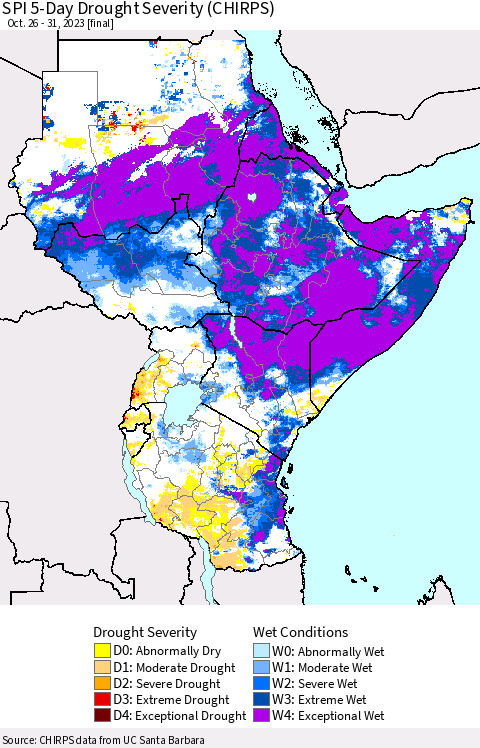 Eastern Africa SPI 5-Day Drought Severity (CHIRPS) Thematic Map For 10/26/2023 - 10/31/2023