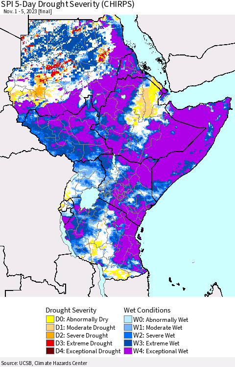 Eastern Africa SPI 5-Day Drought Severity (CHIRPS) Thematic Map For 11/1/2023 - 11/5/2023
