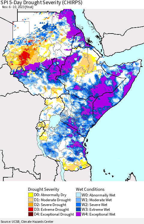 Eastern Africa SPI 5-Day Drought Severity (CHIRPS) Thematic Map For 11/6/2023 - 11/10/2023