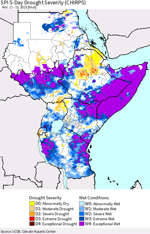 Eastern Africa SPI 5-Day Drought Severity (CHIRPS) Thematic Map For 11/11/2023 - 11/15/2023