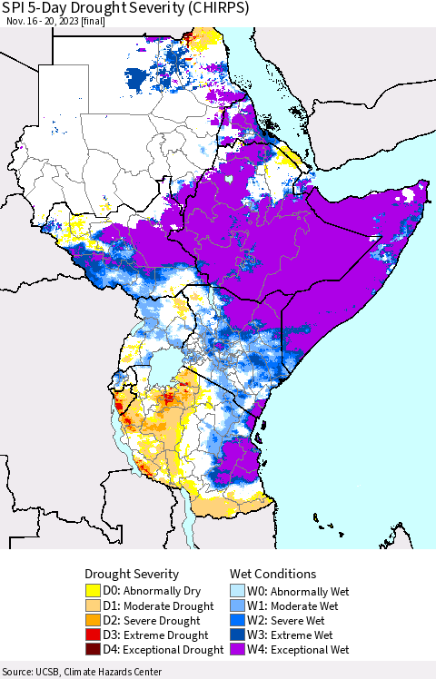 Eastern Africa SPI 5-Day Drought Severity (CHIRPS) Thematic Map For 11/16/2023 - 11/20/2023