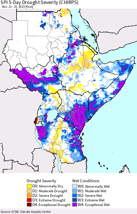 Eastern Africa SPI 5-Day Drought Severity (CHIRPS) Thematic Map For 11/21/2023 - 11/25/2023