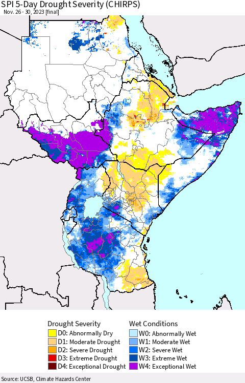 Eastern Africa SPI 5-Day Drought Severity (CHIRPS) Thematic Map For 11/26/2023 - 11/30/2023