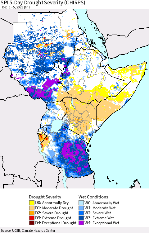 Eastern Africa SPI 5-Day Drought Severity (CHIRPS) Thematic Map For 12/1/2023 - 12/5/2023