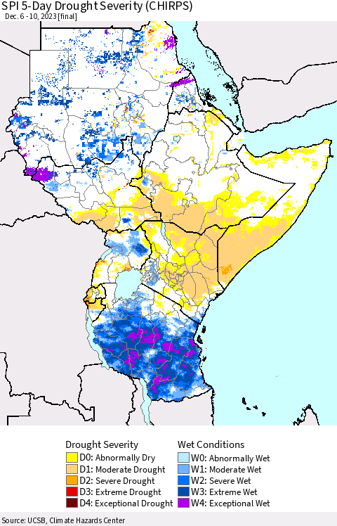 Eastern Africa SPI 5-Day Drought Severity (CHIRPS) Thematic Map For 12/6/2023 - 12/10/2023