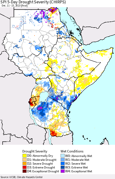 Eastern Africa SPI 5-Day Drought Severity (CHIRPS) Thematic Map For 12/11/2023 - 12/15/2023
