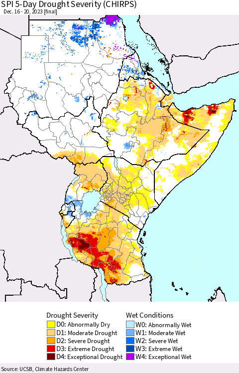 Eastern Africa SPI 5-Day Drought Severity (CHIRPS) Thematic Map For 12/16/2023 - 12/20/2023