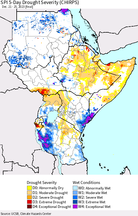 Eastern Africa SPI 5-Day Drought Severity (CHIRPS) Thematic Map For 12/21/2023 - 12/25/2023