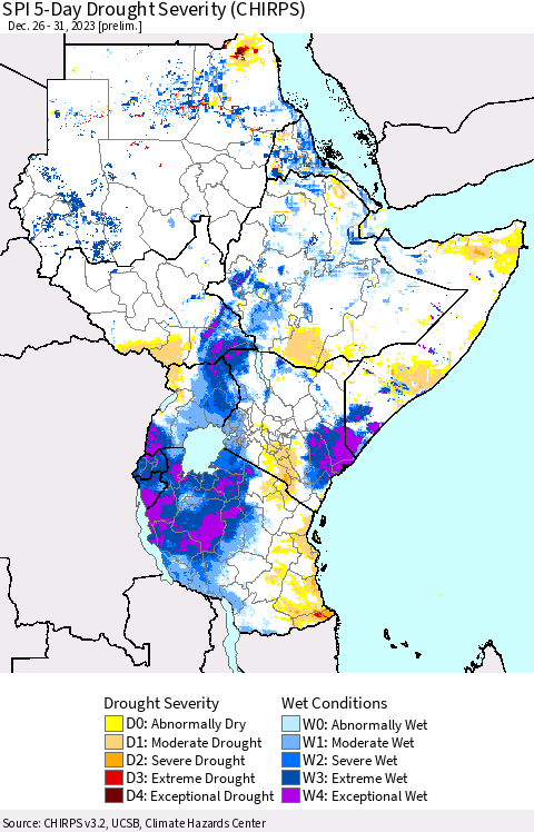 Eastern Africa SPI 5-Day Drought Severity (CHIRPS) Thematic Map For 12/26/2023 - 12/31/2023