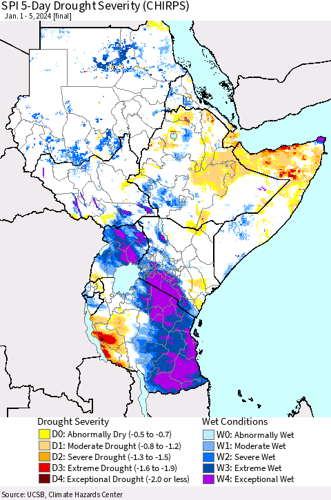 Eastern Africa SPI 5-Day Drought Severity (CHIRPS) Thematic Map For 1/1/2024 - 1/5/2024