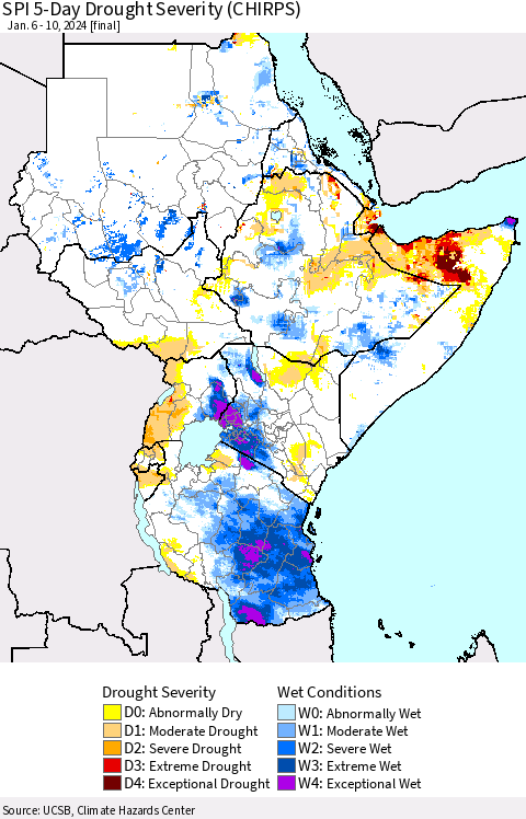 Eastern Africa SPI 5-Day Drought Severity (CHIRPS) Thematic Map For 1/6/2024 - 1/10/2024