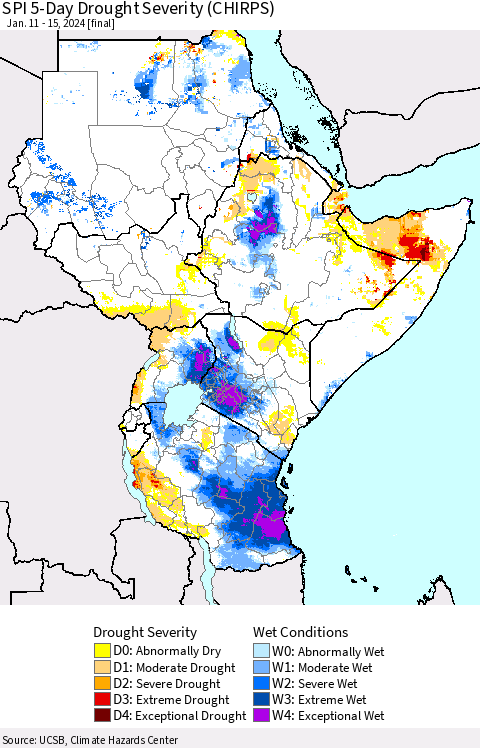 Eastern Africa SPI 5-Day Drought Severity (CHIRPS) Thematic Map For 1/11/2024 - 1/15/2024