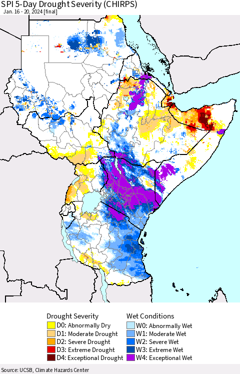 Eastern Africa SPI 5-Day Drought Severity (CHIRPS) Thematic Map For 1/16/2024 - 1/20/2024