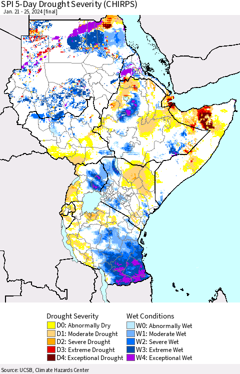 Eastern Africa SPI 5-Day Drought Severity (CHIRPS) Thematic Map For 1/21/2024 - 1/25/2024