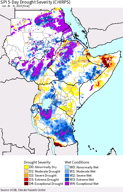Eastern Africa SPI 5-Day Drought Severity (CHIRPS) Thematic Map For 1/26/2024 - 1/31/2024