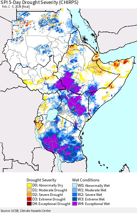 Eastern Africa SPI 5-Day Drought Severity (CHIRPS) Thematic Map For 2/1/2024 - 2/5/2024