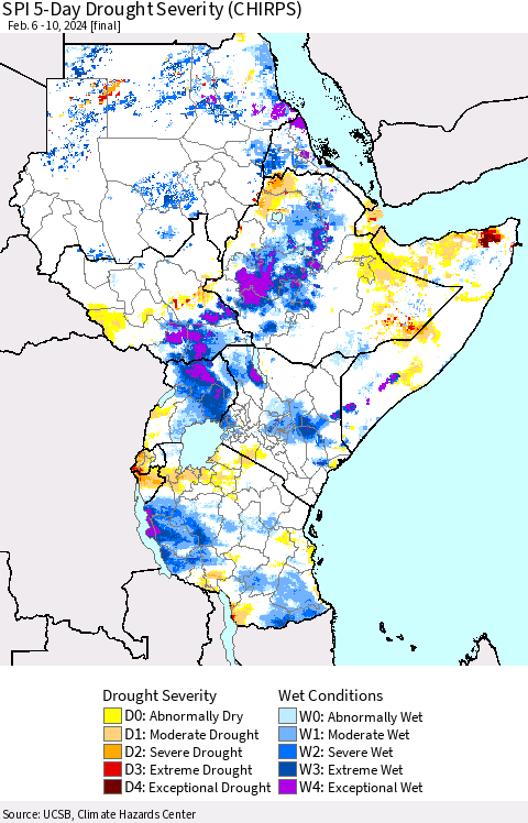 Eastern Africa SPI 5-Day Drought Severity (CHIRPS) Thematic Map For 2/6/2024 - 2/10/2024