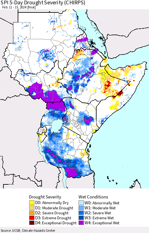 Eastern Africa SPI 5-Day Drought Severity (CHIRPS) Thematic Map For 2/11/2024 - 2/15/2024