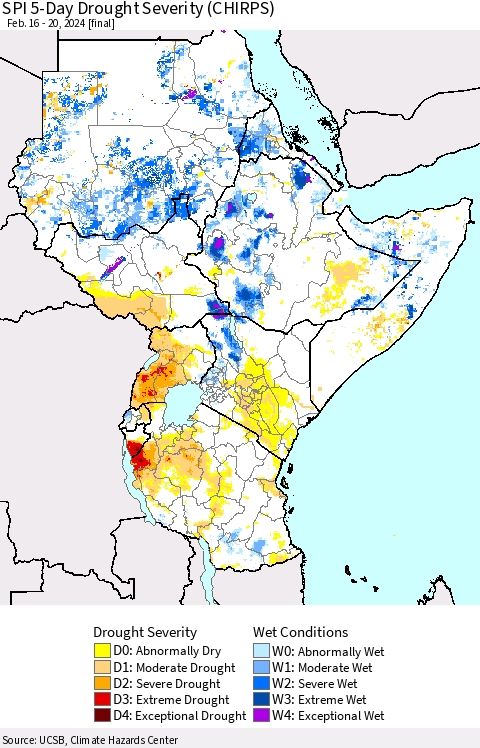 Eastern Africa SPI 5-Day Drought Severity (CHIRPS) Thematic Map For 2/16/2024 - 2/20/2024