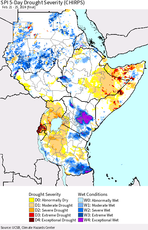 Eastern Africa SPI 5-Day Drought Severity (CHIRPS) Thematic Map For 2/21/2024 - 2/25/2024