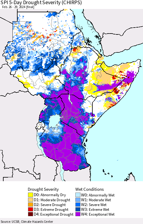 Eastern Africa SPI 5-Day Drought Severity (CHIRPS) Thematic Map For 2/26/2024 - 2/29/2024