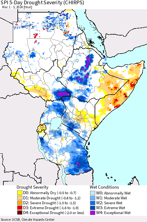 Eastern Africa SPI 5-Day Drought Severity (CHIRPS) Thematic Map For 3/1/2024 - 3/5/2024