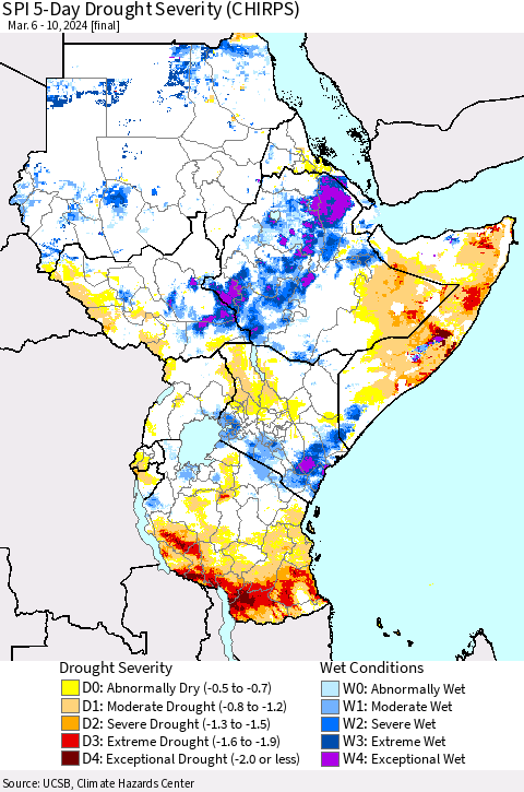 Eastern Africa SPI 5-Day Drought Severity (CHIRPS) Thematic Map For 3/6/2024 - 3/10/2024
