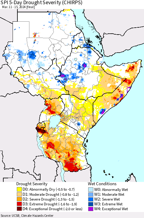Eastern Africa SPI 5-Day Drought Severity (CHIRPS) Thematic Map For 3/11/2024 - 3/15/2024