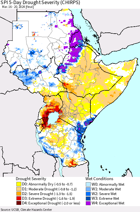 Eastern Africa SPI 5-Day Drought Severity (CHIRPS) Thematic Map For 3/16/2024 - 3/20/2024