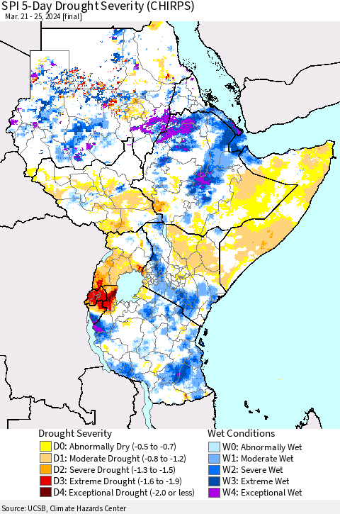 Eastern Africa SPI 5-Day Drought Severity (CHIRPS) Thematic Map For 3/21/2024 - 3/25/2024