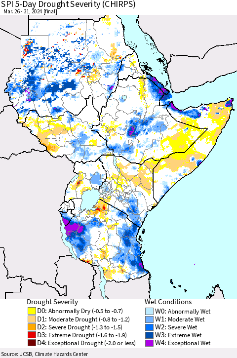 Eastern Africa SPI 5-Day Drought Severity (CHIRPS) Thematic Map For 3/26/2024 - 3/31/2024