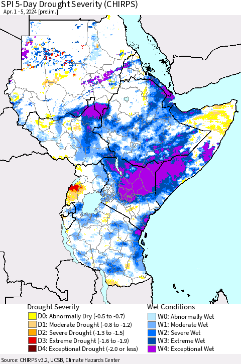 Eastern Africa SPI 5-Day Drought Severity (CHIRPS) Thematic Map For 4/1/2024 - 4/5/2024