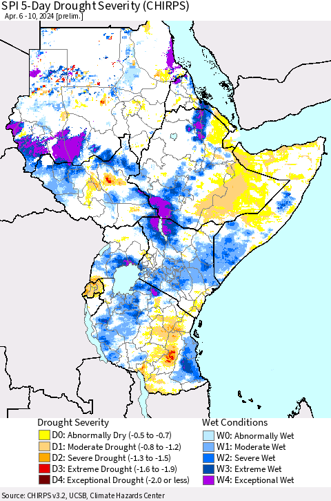 Eastern Africa SPI 5-Day Drought Severity (CHIRPS) Thematic Map For 4/6/2024 - 4/10/2024