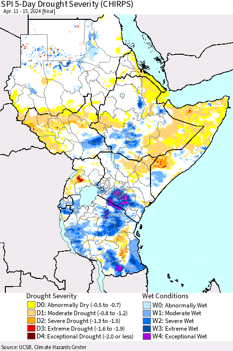 Eastern Africa SPI 5-Day Drought Severity (CHIRPS) Thematic Map For 4/11/2024 - 4/15/2024
